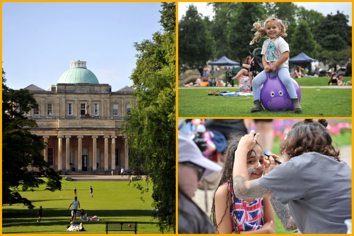 Collage of images of Pittville Pump Room, children playing and face painting. 